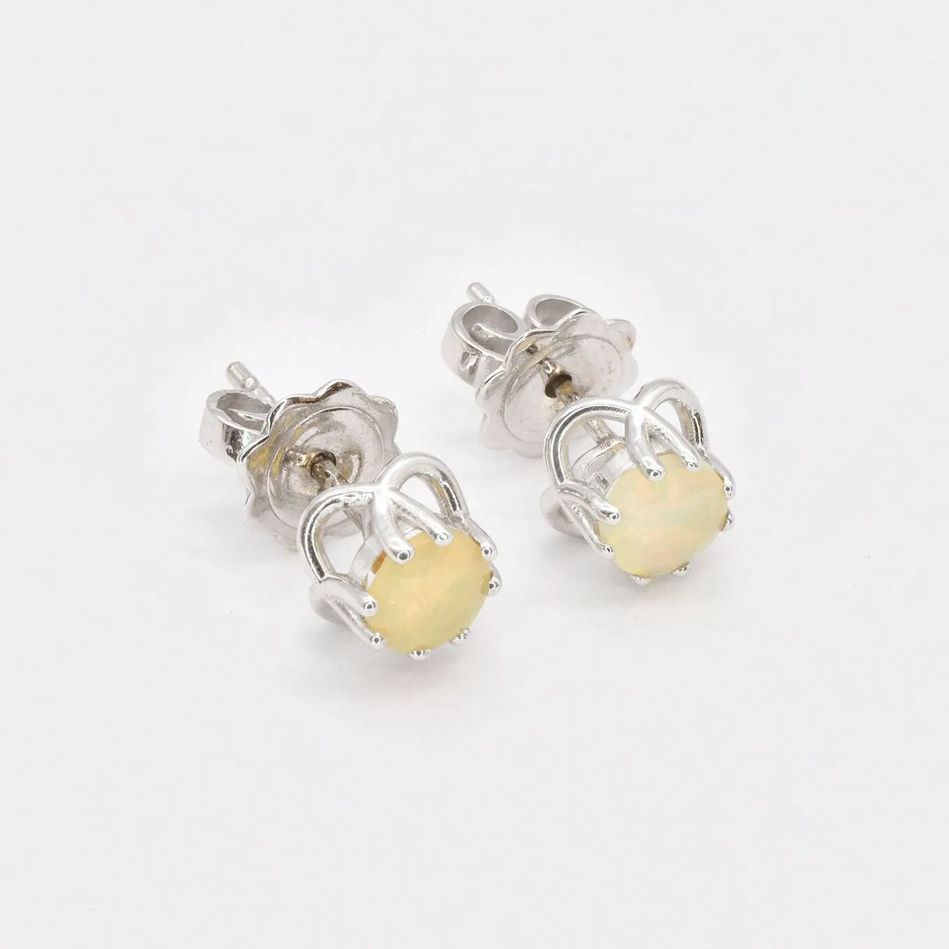 White Gold Opal Studs - Fire Opal Earrings - 18k White Gold Studs