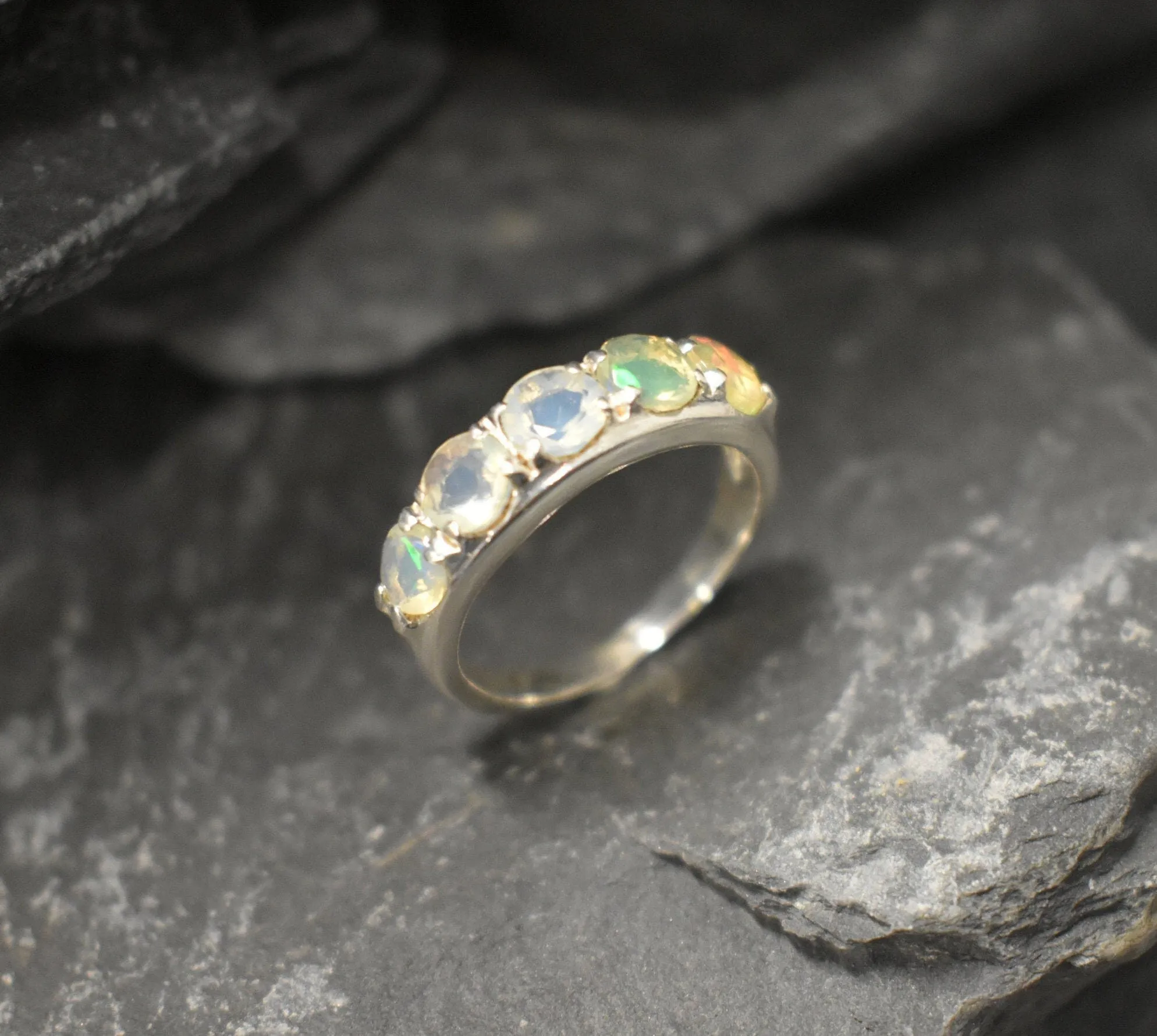White Opal Band - Natural Ethiopian Opal, October Birthstone Ring